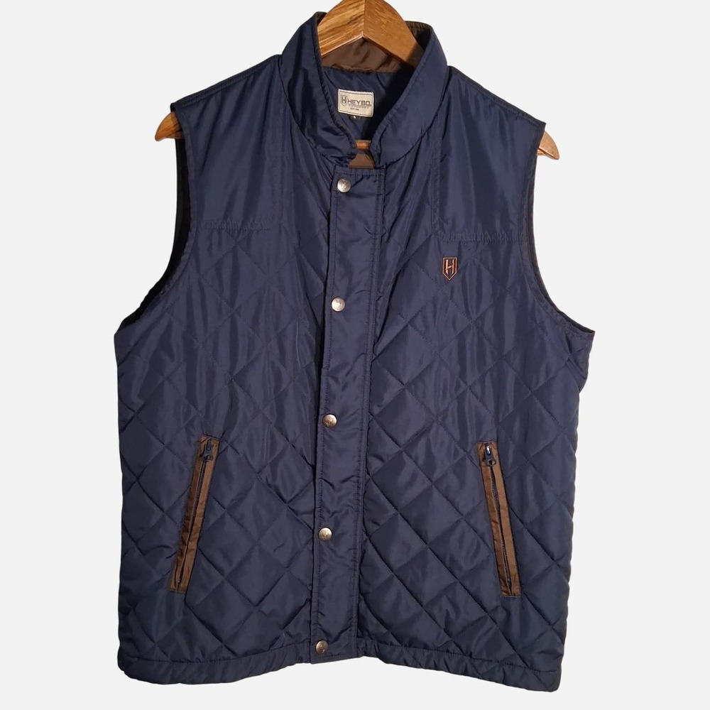 Mens Heybo Navy blue quilted diamond pattern vest with brown zipper pockets